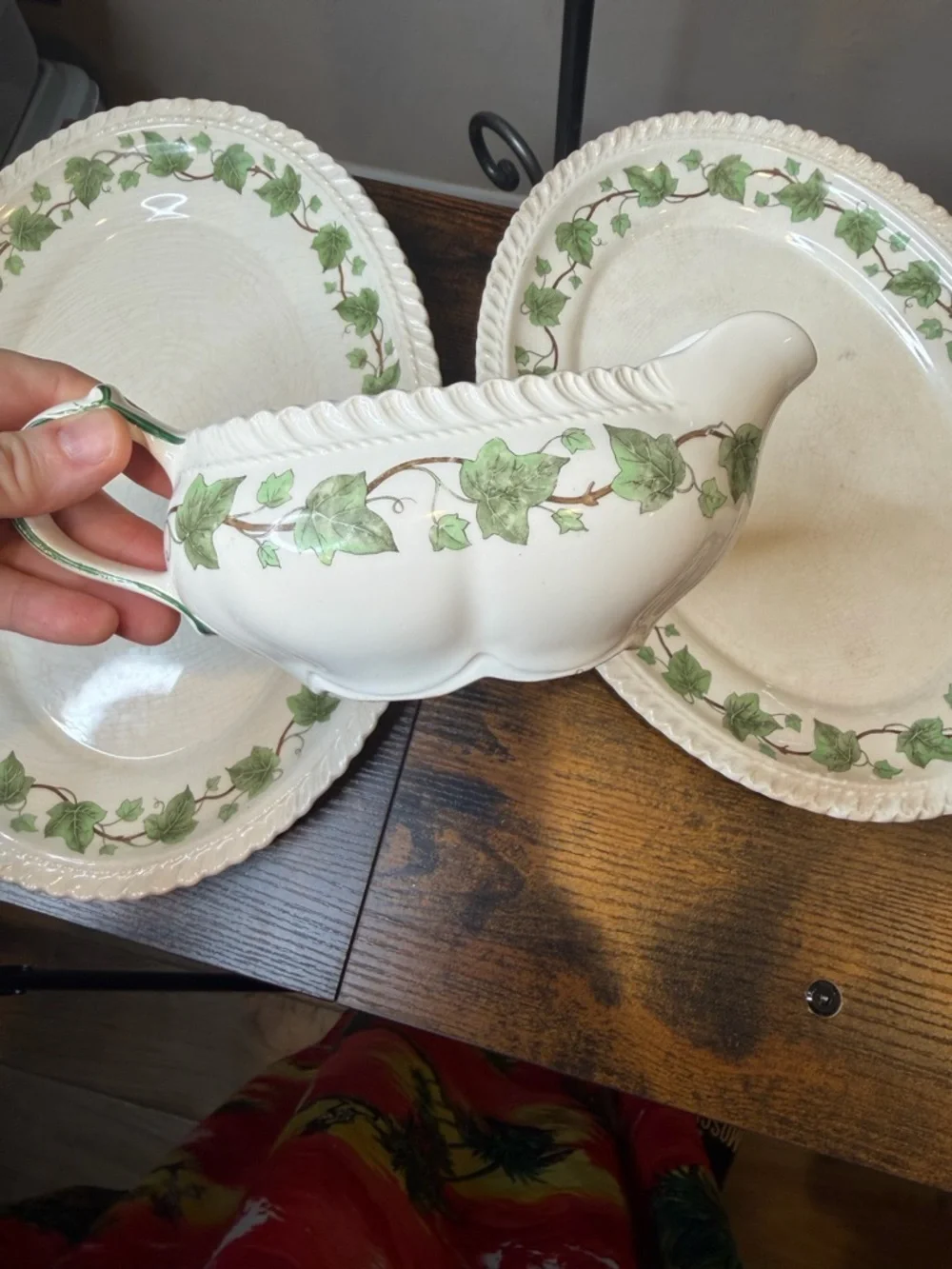 Vintage Harker Pottery Royal Gadroon Green Ivy 2 Serving Platter 1 Gravy Boat
